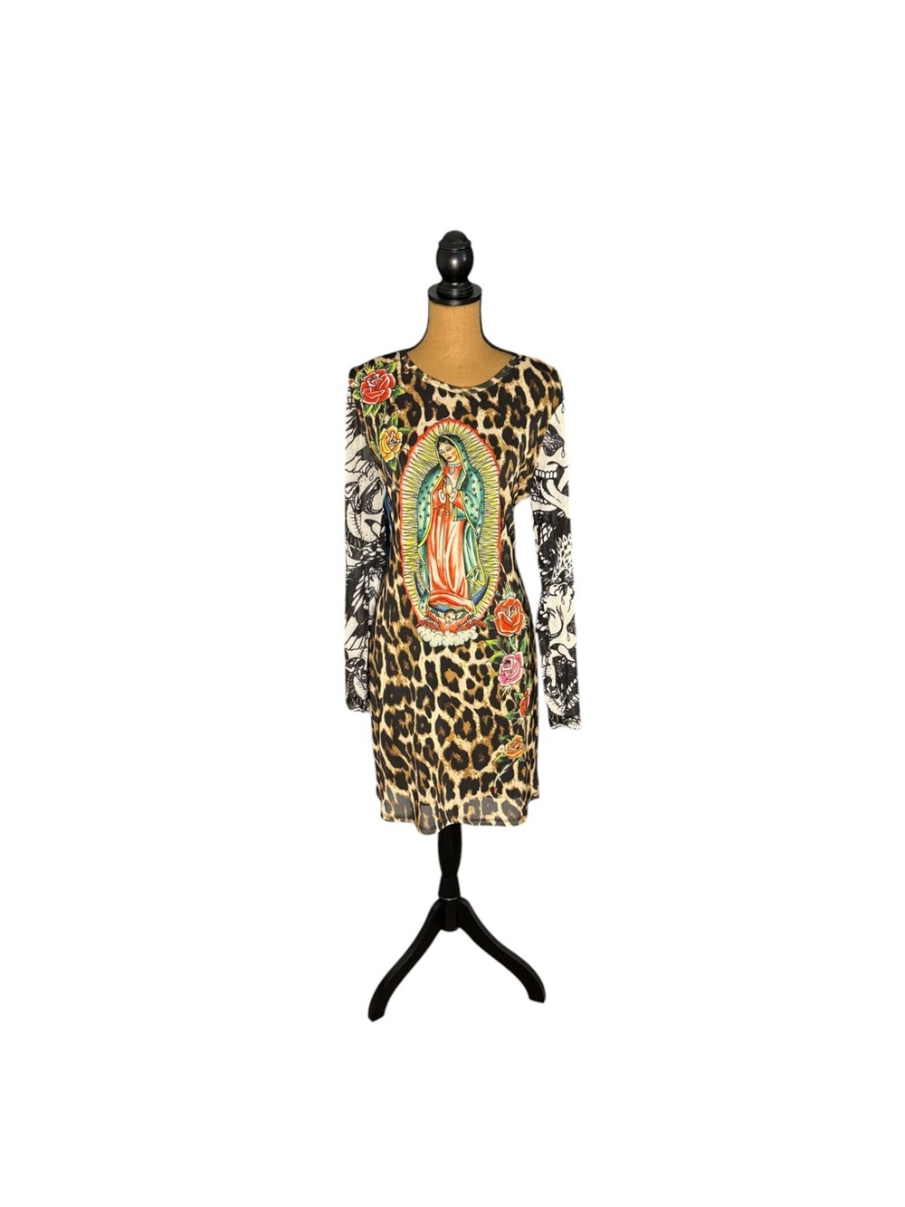 Ed Hardy 2X Virgin Mary Leopard Tattoo Print Long Sleeve Mini Dress Y2K Revival